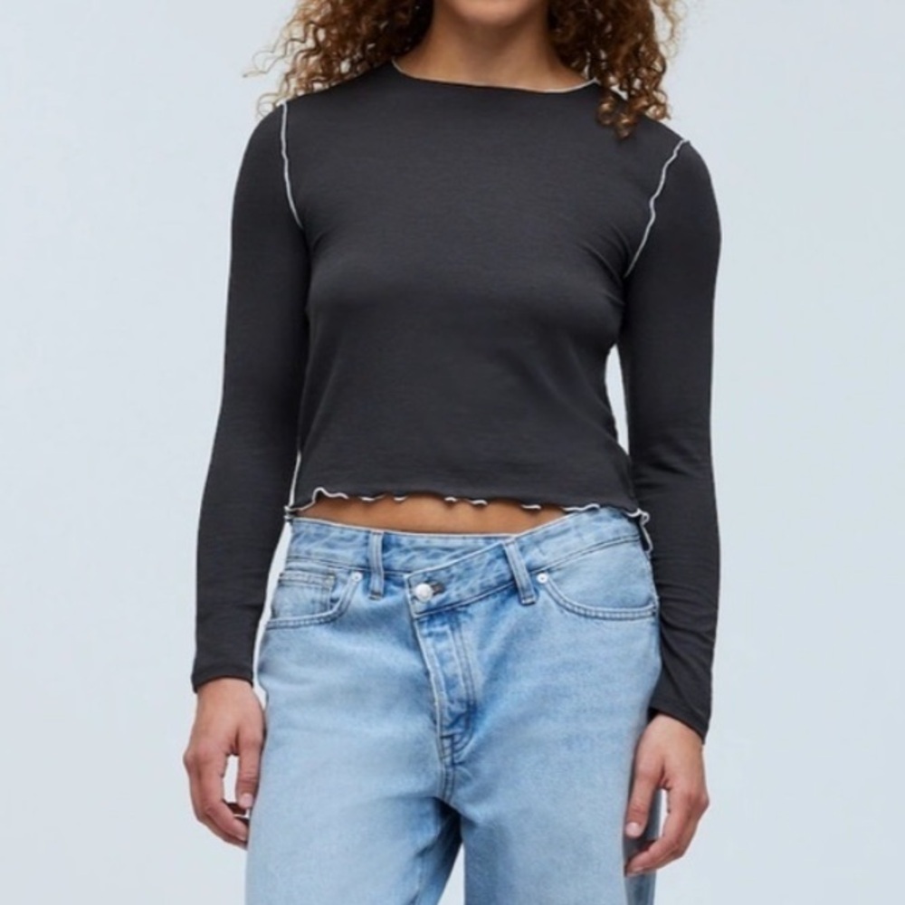 New Madewell Contrast Stitched Crewneck Crop Lightweight Tee Shirt Black Coal M - Picture 3 of 11